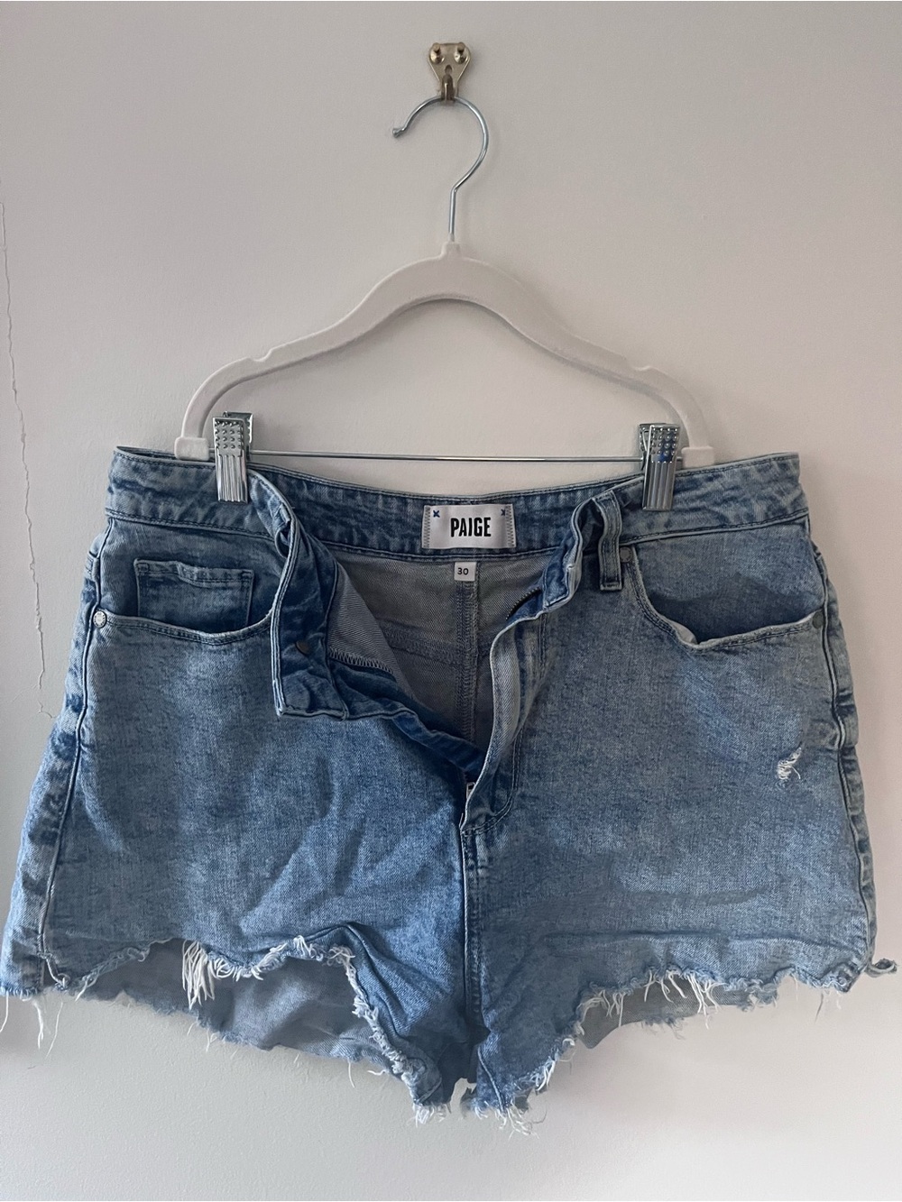 PAIGE | Distressed Light-Wash Cutoff Denim Shorts | Size 30